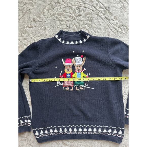 Vintage Women's Holiday Sweater Reindeer 100% Cotton Navy Blue – Size Small - Picture 4 of 6